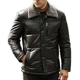 全10サイズ! [Men's Sheep Fur Collar Black Lambskin Genuine Leather Duck Down Jacket] メンズ シープファーカラー ブラック ラムスキン ジェニュインレザー ダックダウンジャケット! 本革 山羊革 ダウンコート 中綿 羽毛 黒 アウター バイクに!