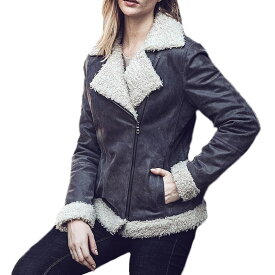 全7サイズ! [Women's Faux Fur Shearling Pigskin Genuine Leather Jacket] ウィメンズ フェイクファー ムートン ピッグスキン ジェニュインレザー ジャケット! レディース 女性用 本革 豚革 革ジャン ダークグレー ボア ライダース コート アウター バイクに!