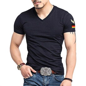 全2色! 3サイズ! [Men's Germany Armband Vneck T-Shirt] メンズ ジャーマニーアームバンド VネックTシャツ! 半袖 肩章 階級章 ワッペン インナー アーミー ミリタリー 戦闘服 コンバット ブラック 黒 グリーン 緑 サバゲー バイクに!