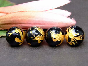 63500  四神 14mm 手彫 オニキス 金箔 1set (各1粒青龍・白虎・朱雀・玄武) 風水 四神獣 送料無料有 天然石 パワーストーン