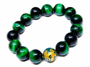 66074  今月の半額 わけあり グリーンタイガーアイ 緑瑪瑙 龍彫り 金彫り 14mm ブレスレット 内径18cm 緑虎目石 アゲート ポーチ付き 送料無料 天然石 パワーストーン