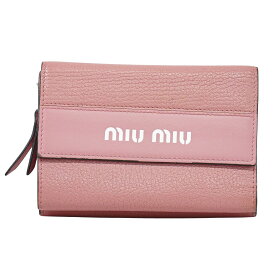 本物 ミュウミュウ MIU MIU ロゴ 三つ折り 折財布 コンパクトウォレット レザー ピンク 財布 ウォレット 中古・