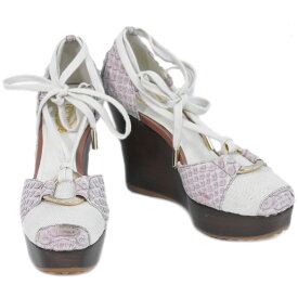 本物 トッズ TOD'S パイソンレザー キャンバス ウェッジソール サンダル 厚底 アイボリー パープル レディース 靴 シューズ 中古・