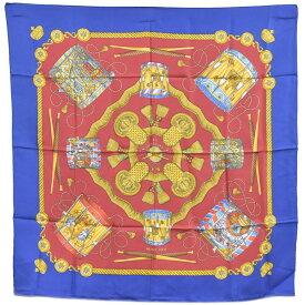 本物 エルメス HERMES スカーフカレ カレ90 LES TAMBOURS タンブールの太鼓 スカーフ ショール シルク ブルー レッド 服飾小物 中古・
