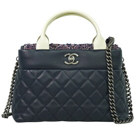 本物 シャネル CHANEL ココマーク マトラッセ 2WAY ショルダーバッグ ハンドバッグ ポシェット レザー ツイード ネイビー ホワイト バッグ 中古・