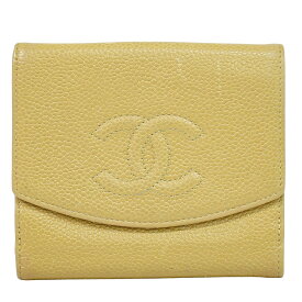 本物 シャネル CHANEL ココマーク 二つ折り 折財布 コンパクトウォレット キャビアスキン レザー ベージュ Coco Mark 財布 ウォレット 中古・