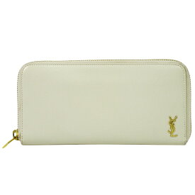 本物 サンローラン SAINT LAURENT レザー ラウンドファスナー 長財布 ロングウォレット アイボリー 637432 財布 ウォレット 中古・