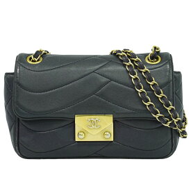 本物 シャネル CHANEL ココマーク 波ステッチ ショルダーバッグ ポシェット ラムスキン レザー ブラック Coco Mark バッグ 中古・