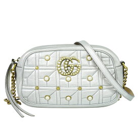 本物 グッチ GUCCI GGマーモント フェイクパール スモール ショルダーバッグ ポシェット レザー シルバー 447632 バッグ 中古・