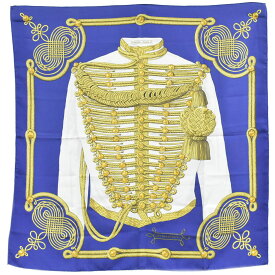 本物 エルメス HERMES スカーフカレ カレ90 BRANDEBOURGS ブランデンブルク飾り スカーフ ショール シルク ブルー ゴールド 服飾小物 中古・