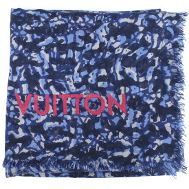 本物 ルイヴィトン LOUIS VUITTON LV カモフラージュ 迷彩柄 大判 ストール ショール カシミヤ シルク ブルー M75137 服飾小物 中古・
