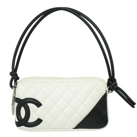 本物 シャネル CHANEL ココマーク カンボンライン 2WAY ハンドバッグ ポーチ レザー ホワイト ブラック Cambon Line バッグ 中古・