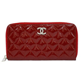 本物 シャネル CHANEL ココマーク マトラッセ ラウンドジップ 長財布 ロングウォレット パテント レザー レッド Matelasse 財布 ウォレット 中古・