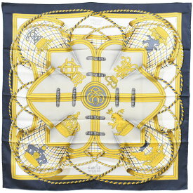 本物 エルメス HERMES スカーフカレ カレ90 GRANDE TENUE 馬の礼装 スカーフ ショール シルク ダークグレー イエロー 服飾小物 中古・