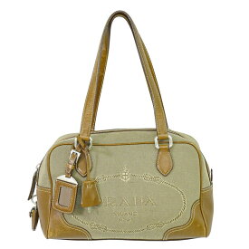 本物 プラダ PRADA ロゴ ジャカード トートバッグ ハンドバッグ キャンバス ベージュ ブラウン バッグ 中古・