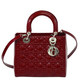 本物 クリスチャン ディオール Christian Dior レディディオール カナージュ 2WAY ショルダーバッグ ハンドバッグ パテント レザー レッド バッグ 中古・