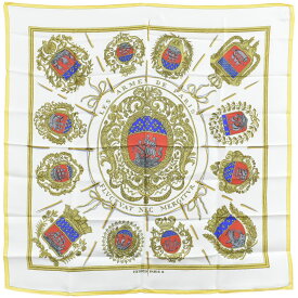 本物 エルメス HERMES スカーフカレ カレ90 FLVCTVAT NEC MERGITVR パリの紋章 スカーフ ショール シルク ホワイト イエロー 服飾小物 中古・