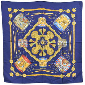 本物 エルメス HERMES スカーフカレ カレ90 LES TAMBOURS タンブールの太鼓 スカーフ ショール シルク ネイビー マルチカラー 服飾小物 中古・