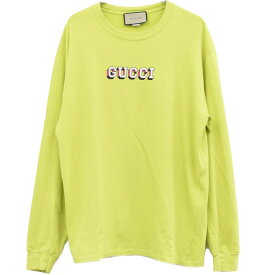 本物 グッチ GUCCI ロゴ ロング Tシャツ 長袖 トップス M コットン ネオンイエロー 衣類 洋服 中古・