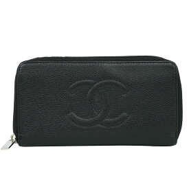 本物 CHANEL シャネル ココマーク ラウンドファスナー 長財布 ロングウォレット キャビアスキン レザー ブラック Coco Mark 財布 ウォレット 中古・