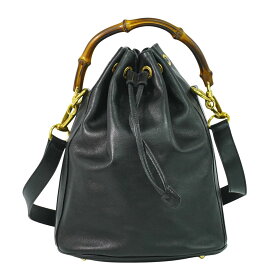 本物 グッチ GUCCI バンブー 巾着 2WAY ショルダーバッグ ハンドバッグ レザー ブラック Bamboo バッグ 中古・