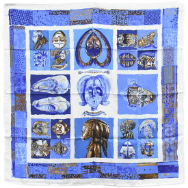 本物 エルメス HERMES スカーフカレ カレ90 PERSONA ペルソナ スカーフ ショール シルク ホワイト ブルー ブラウン 服飾小物 中古・