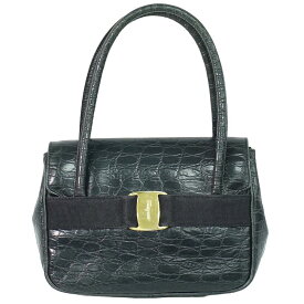 本物 サルヴァトーレ フェラガモ Salvatore Ferragamo ヴァラ リボン ハンドバッグ クロコダイル型押し レザー ネイビー Vara バッグ 中古・