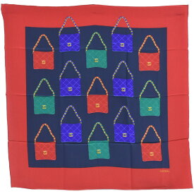 本物 シャネル CHANEL バッグ モチーフ スカーフ ショール バンダナ シルク レッド ネイビー マルチカラー 服飾小物 中古・