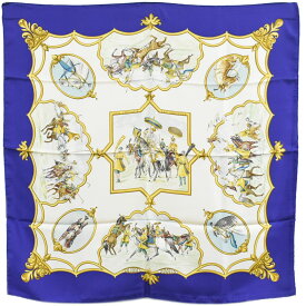 本物 エルメス HERMES スカーフカレ カレ90 LES CHEVAUX DES MOGHOLS ムガル王朝の馬 スカーフ シルク ブルー ホワイト 服飾小物 中古・