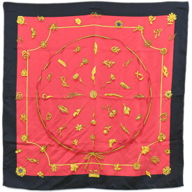 本物 エルメス HERMES スカーフカレ カレ90 Clips クリップ スカーフ ショール バンダナ シルク ブラック レッド ゴールド 服飾小物 中古・