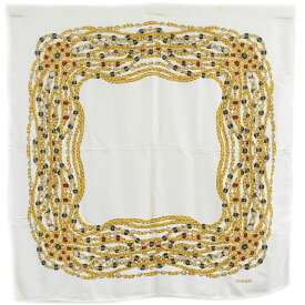 本物 シャネル CHANEL ジュエリー柄 スカーフ ショール バンダナ 推定 シルク ベージュ マルチカラー 服飾小物 中古・