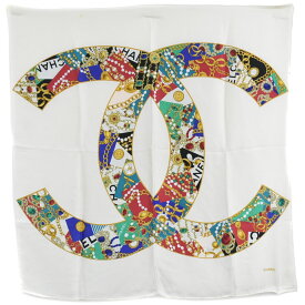 本物 シャネル CHANEL ココマーク ジュエリー柄 スカーフ ショール バンダナ シルク アイボリー マルチカラー Coco Mark 服飾小物 中古・