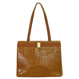 本物 サルヴァトーレ フェラガモ Salvatore Ferragamo ヴァラ ショルダーバッグ トートバッグ クロコダイル型押し レザー ブラウン バッグ 中古・