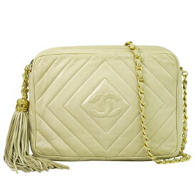 本物 シャネル CHANEL ココマーク タッセル ショルダーバッグ ポシェット ラムスキン レザー ベージュ Coco Mark バッグ 中古・