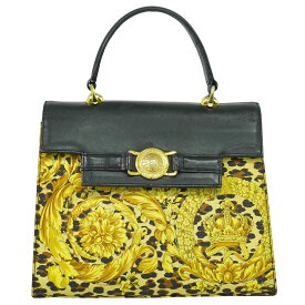 本物 ジャンニ ヴェルサーチ GIANNI VERSACE レオパード柄 ハンドバッグ PVC レザー イエロー ブラック バッグ 中古・
