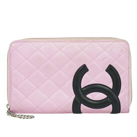 本物 シャネル CHANEL ココマーク カンボンライン ラウンドファスナー 長財布 ロングウォレット レザー ピンク ブラック 財布 ウォレット 中古・