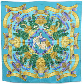 本物 エルメス HERMES スカーフカレ カレ90 EUROPE ヨーロッパ ショール バンダナ シルク エメラルドグリーン ゴールド 服飾小物 中古・