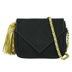本物 シャネル CHANEL ココマーク タッセル チェーン ショルダーバッグ サテン ブラック Coco Mark バッグ 中古・
