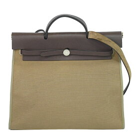 本物 エルメス HERMES エールバッグジップ MM 2WAY ショルダーバッグ ハンドバッグ □P刻 2012年 キャンバス レザー ベージュ ブラウン バッグ 中古・