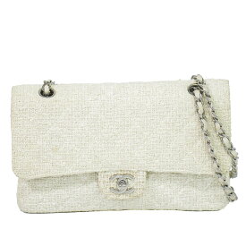 本物 シャネル CHANEL ココマーク マトラッセ 25 ダブルフラップ チェーン ショルダーバッグ ツイード ホワイト Matelasse バッグ 中古・