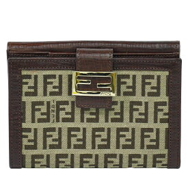 本物 フェンディ FENDI ズッキーノ 二つ折り 折財布 コンパクトウォレット キャンバス レザー ベージュ ブラウン 8M0160 Zucchino 財布 ウォレット 中古・