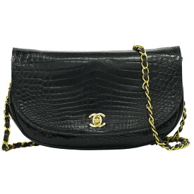 本物 シャネル CHANEL ココマーク チェーン ショルダーバッグ ポシェット クロコダイル レザー ブラック Coco Mark バッグ 中古・