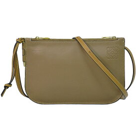 本物 ロエベ LOEWE ゲートダブルジップポーチ アナグラム ショルダーバッグ ポシェット レザー ベージュ グレージュ バッグ 中古・