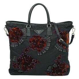本物 プラダ PRADA フラワー モチーフ 2WAY ショルダーバッグ トートバッグ ナイロン ブラック バッグ 中古・