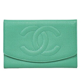 本物 シャネル CHANEL ココマーク 折財布 コンパクトウォレット キャビアスキン レザー ライトグリーン Coco Mark 財布 ウォレット 中古・
