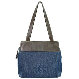 本物 シャネル CHANEL ココマーク ショルダーバッグ トートバッグ デニム レザー ネイビー ブラウン Coco Mark バッグ 中古・