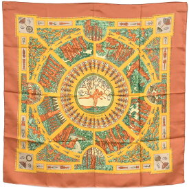 本物 エルメス HERMES スカーフカレ カレ90 Le Songe de Poliphile ポリフィルの夢想 スカーフ ショール シルク ブラウン オレンジ 服飾小物 中古・