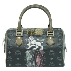 本物 エムシーエム MCM ヴィセトス ミュンヘンライオン ミニ ボストンバッグ ハンドバッグ PVC パイソン型押し レザー ブラック マルチカラー Visetos バッグ 中古・