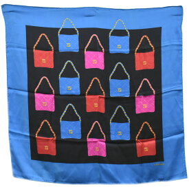 本物 シャネル CHANEL バッグ モチーフ スカーフ ショール バンダナ シルク ブルー ブラック マルチカラー 服飾小物 中古・