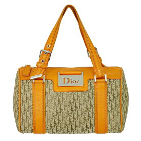 本物 クリスチャン ディオール Christian Dior トロッター ミニ ボストンバッグ ハンドバッグ キャンバス レザー ベージュ オレンジ Trotter バッグ 中古・